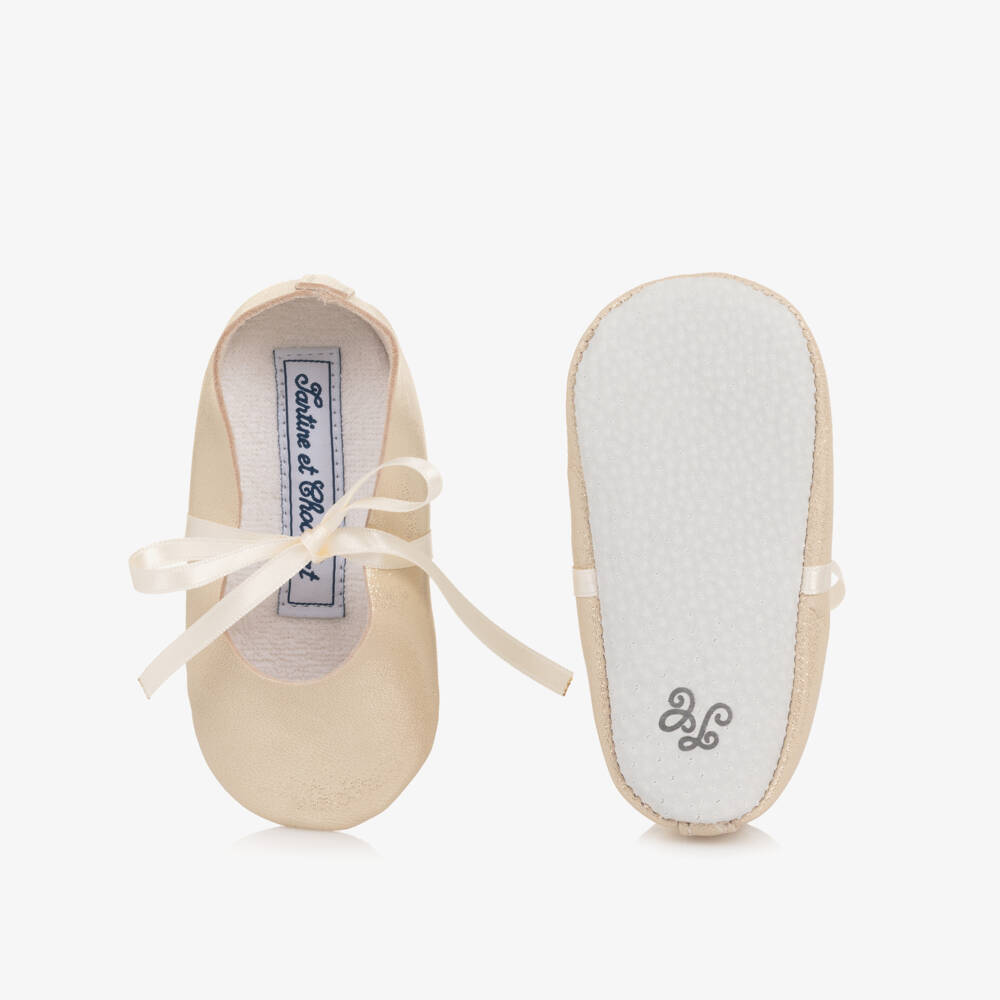 Tartine et Chocolat-Baby Girls Shimmering Gold Leather Pre-Walkers | Childrensalon