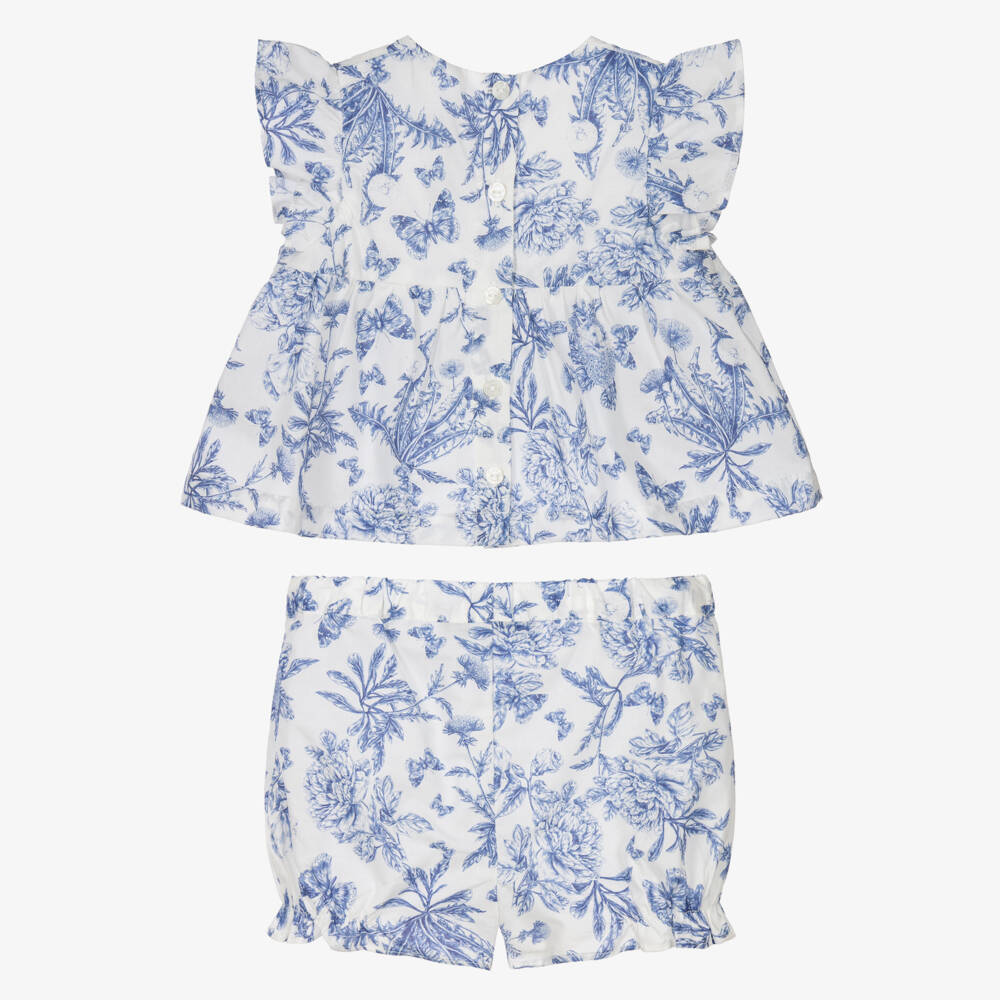 Tartine et Chocolat-Baby Girls White & Blue Toile De Jouy Shorts Set | Childrensalon