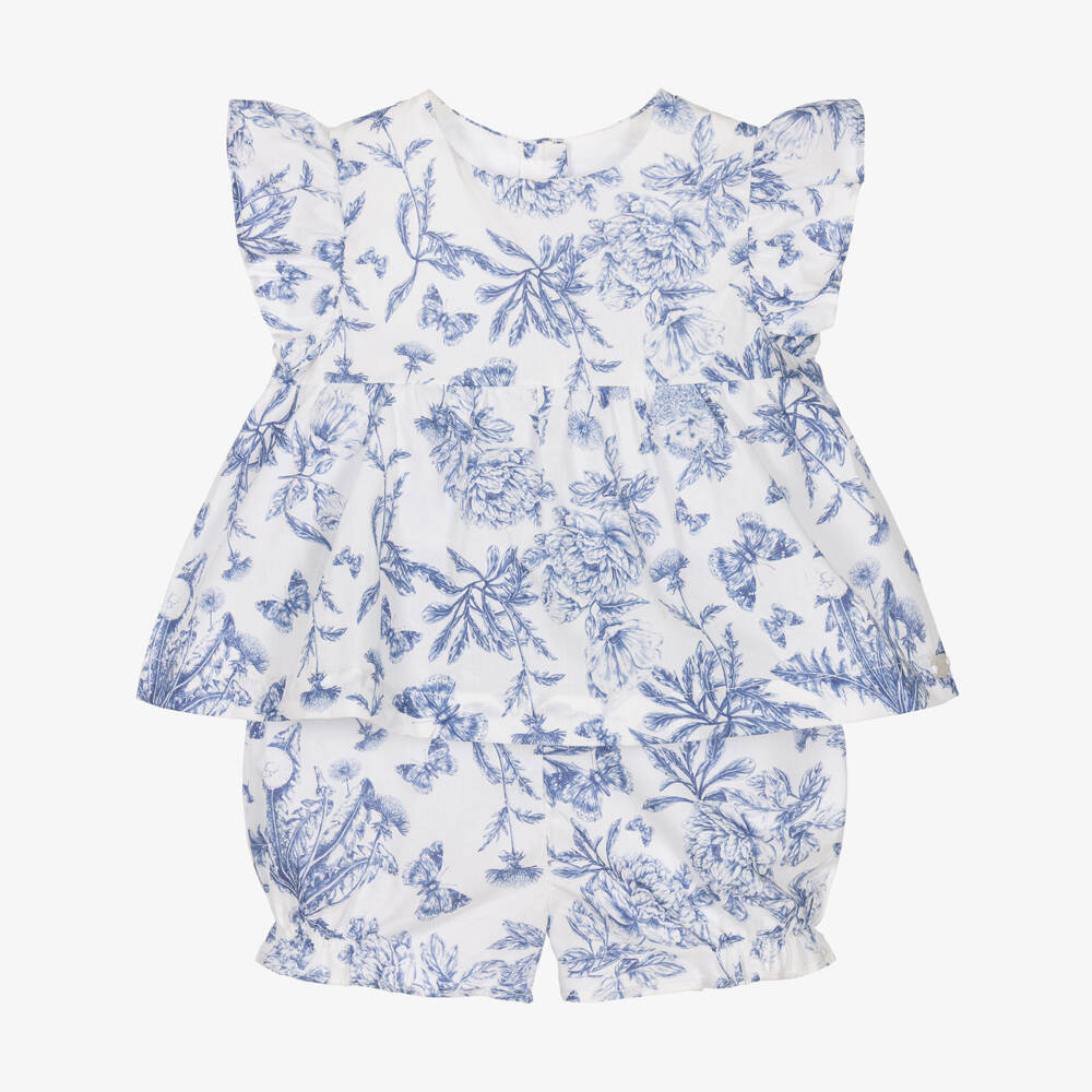 Tartine et Chocolat-Baby Girls White & Blue Toile De Jouy Shorts Set | Childrensalon