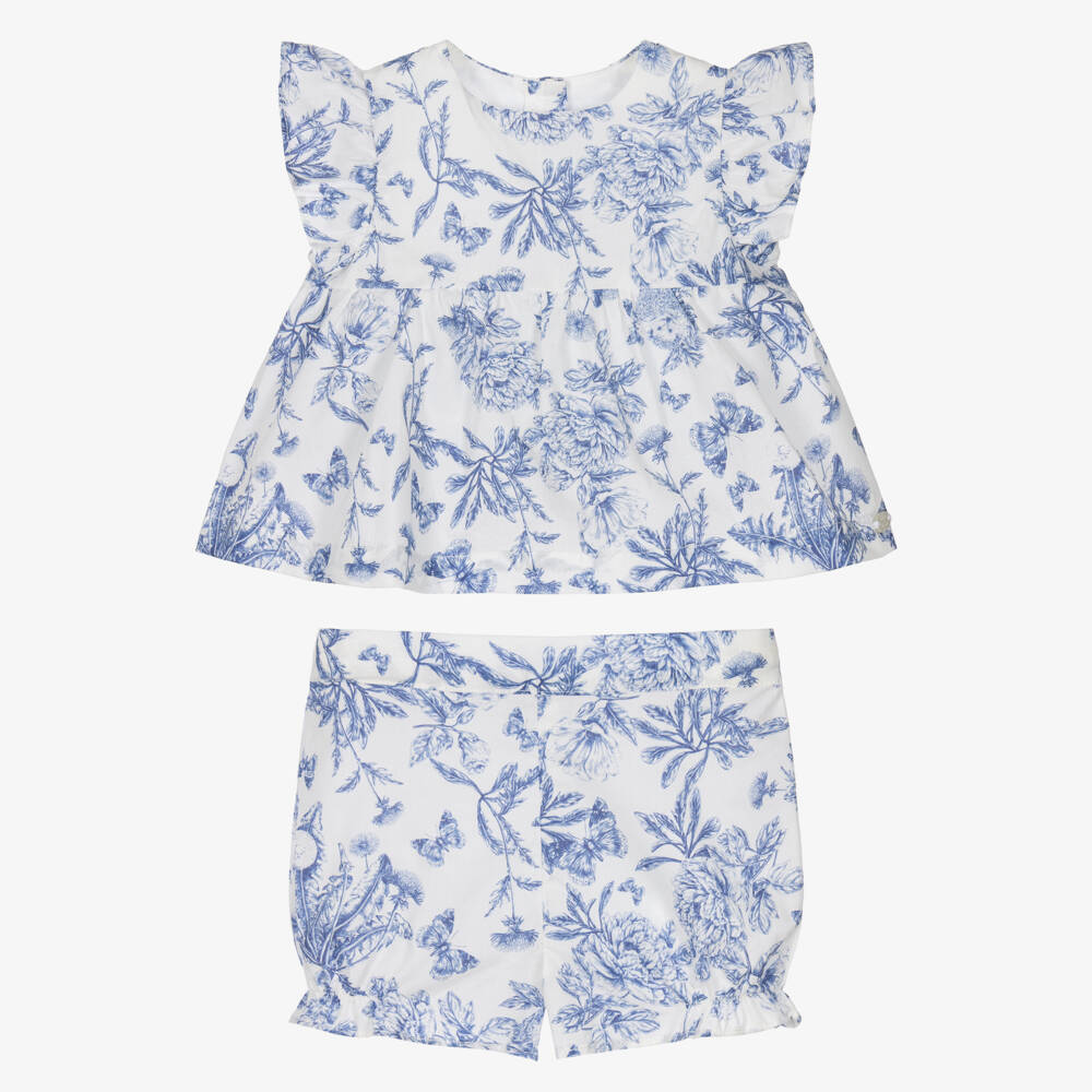 Tartine et Chocolat-Baby Girls White & Blue Toile De Jouy Shorts Set | Childrensalon