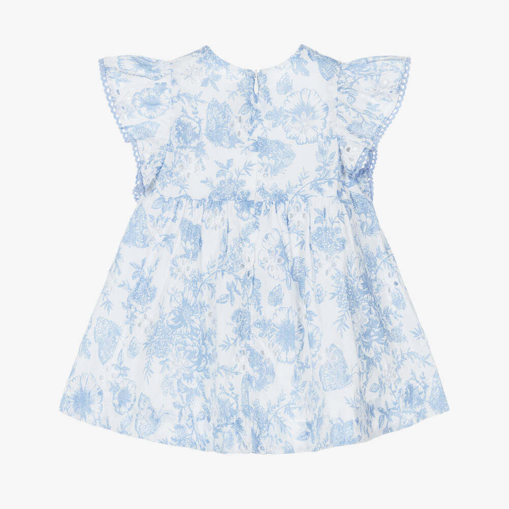 Tartine et Chocolat-Baby Girls White Cotton Dress with Blue Floral Print | Childrensalon