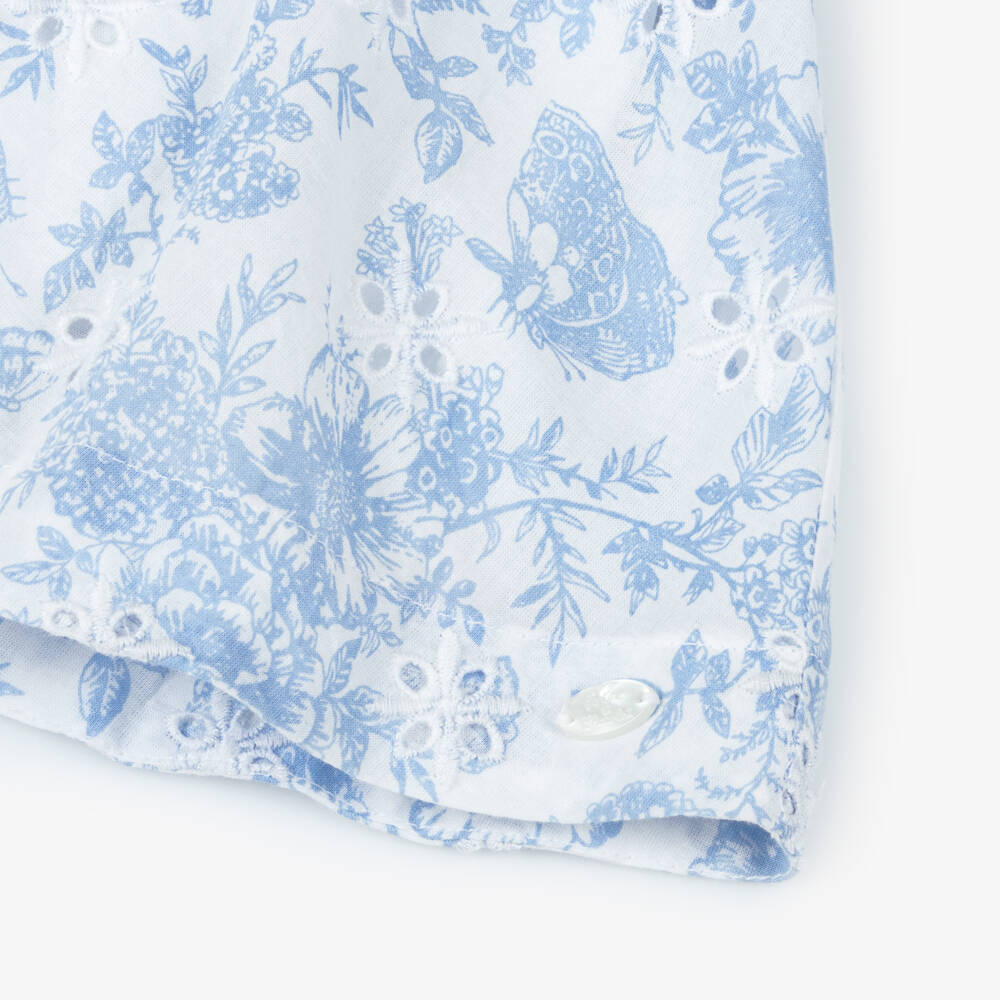 Tartine et Chocolat-Baby Girls White Cotton Dress with Blue Floral Print | Childrensalon