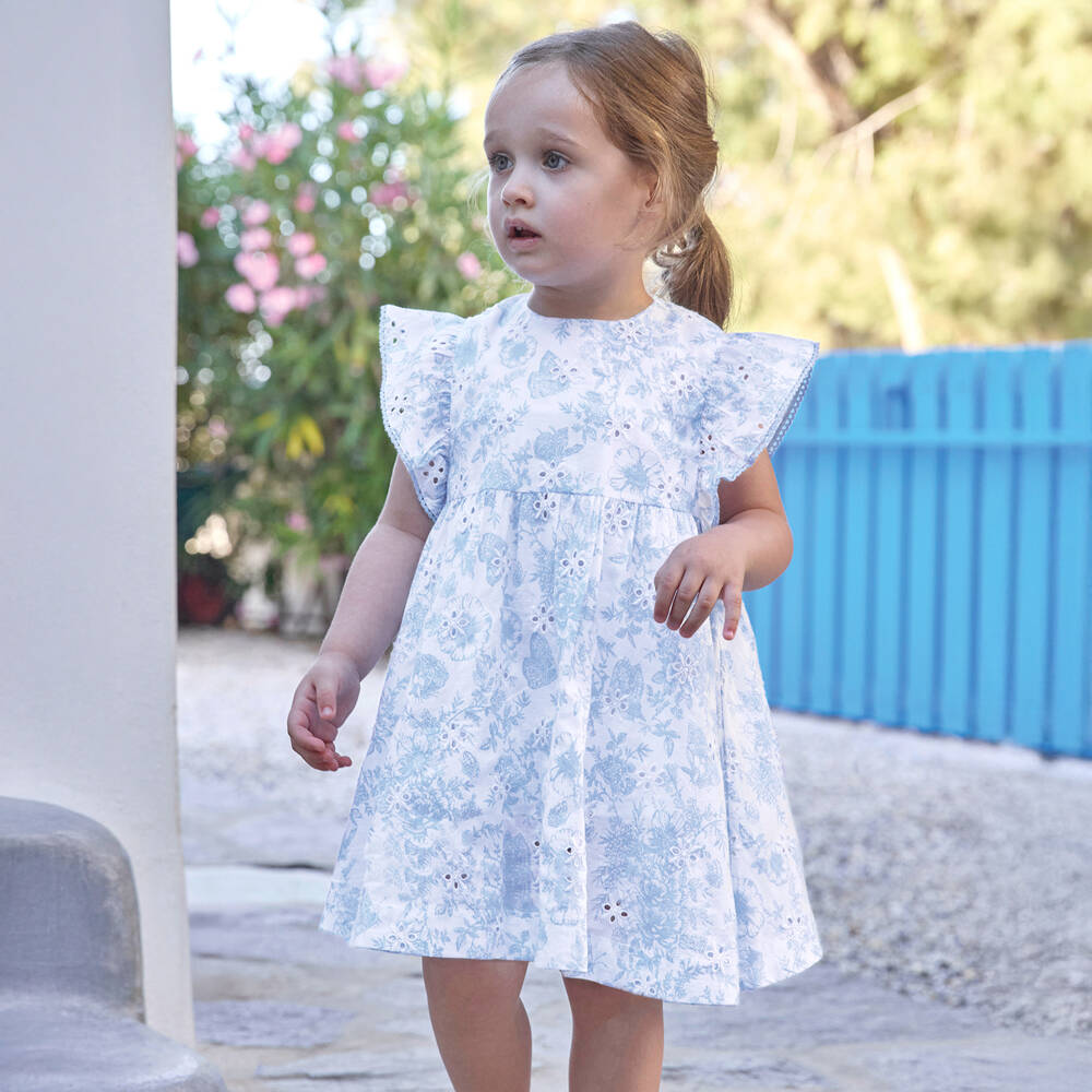 Tartine et Chocolat-Baby Girls White Cotton Dress with Blue Floral Print | Childrensalon