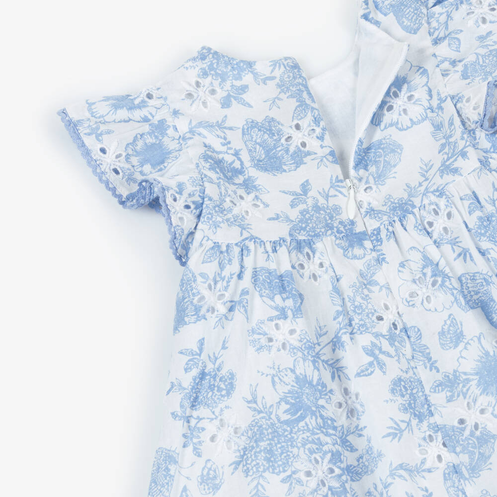 Tartine et Chocolat-Baby Girls White Cotton Dress with Blue Floral Print | Childrensalon