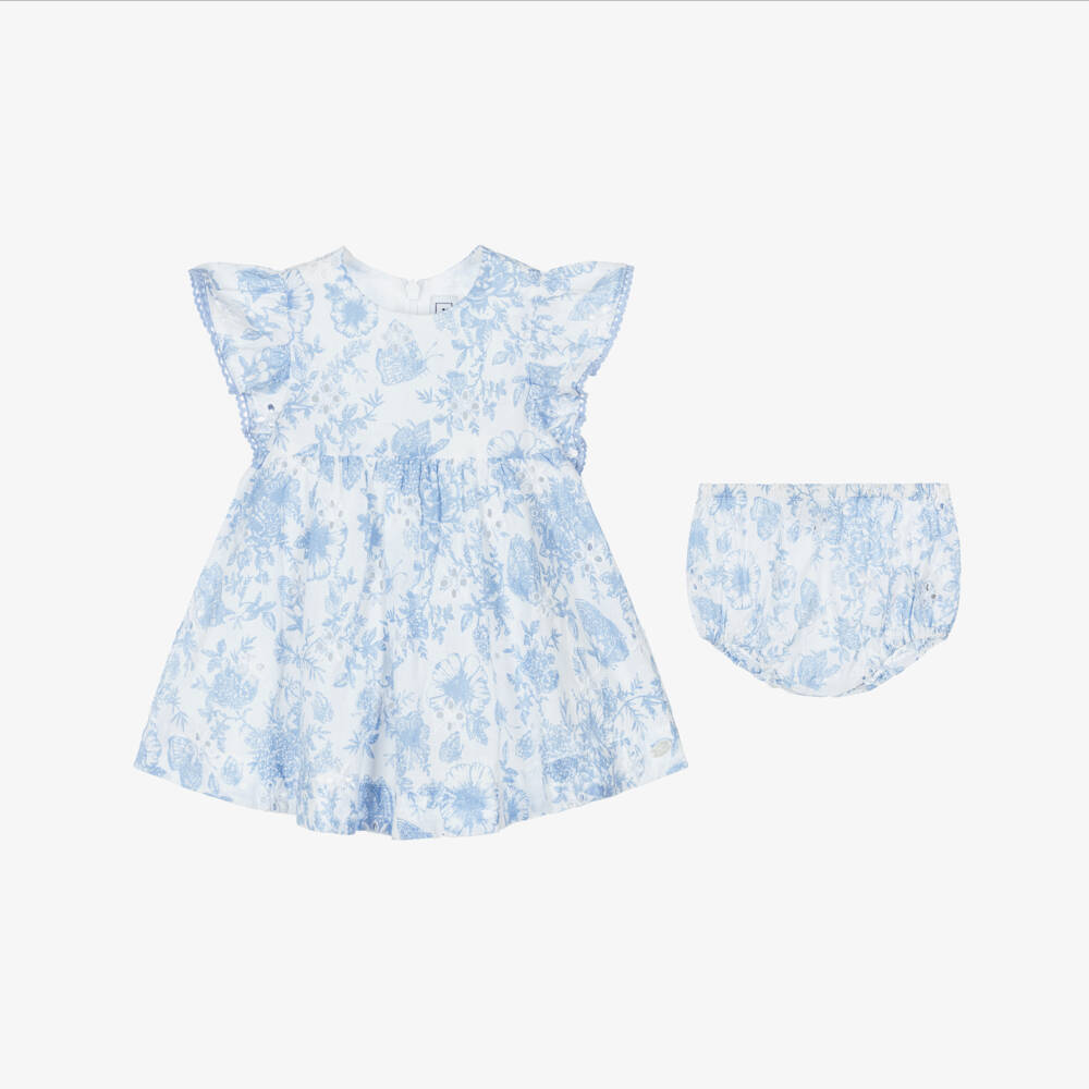 Tartine et Chocolat-Baby Girls White Cotton Dress with Blue Floral Print | Childrensalon