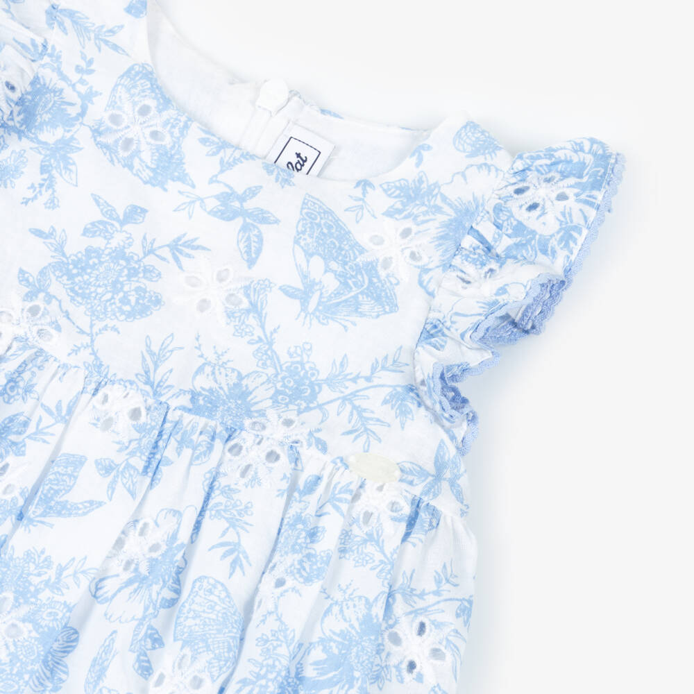 Tartine et Chocolat-Baby Girls White Cotton Shortie with Blue Floral Print | Childrensalon