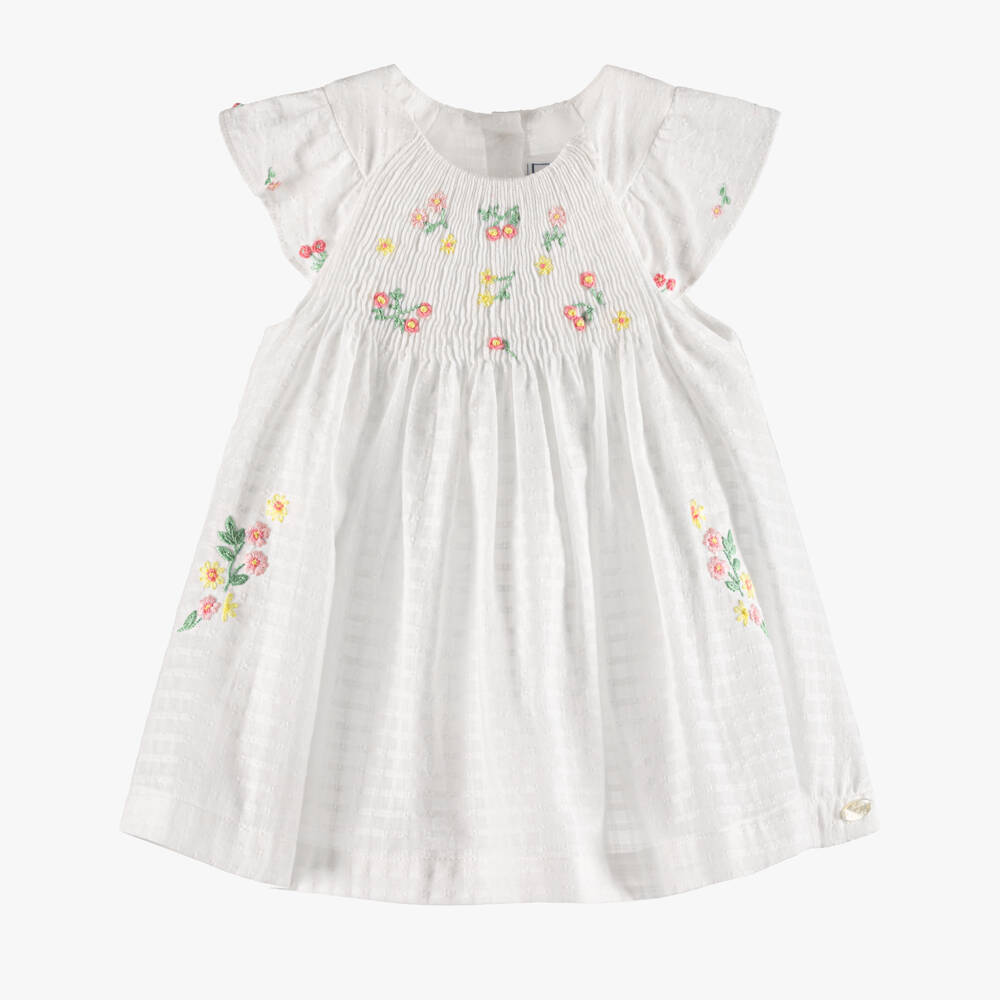 Tartine et Chocolat-Baby Girls White Cotton Smocked Floral Dress | Childrensalon
