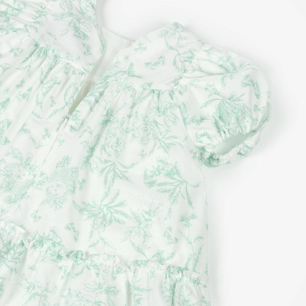 Tartine et Chocolat-Baby Girls White & Green Floral Puffed Sleeve Dress | Childrensalon