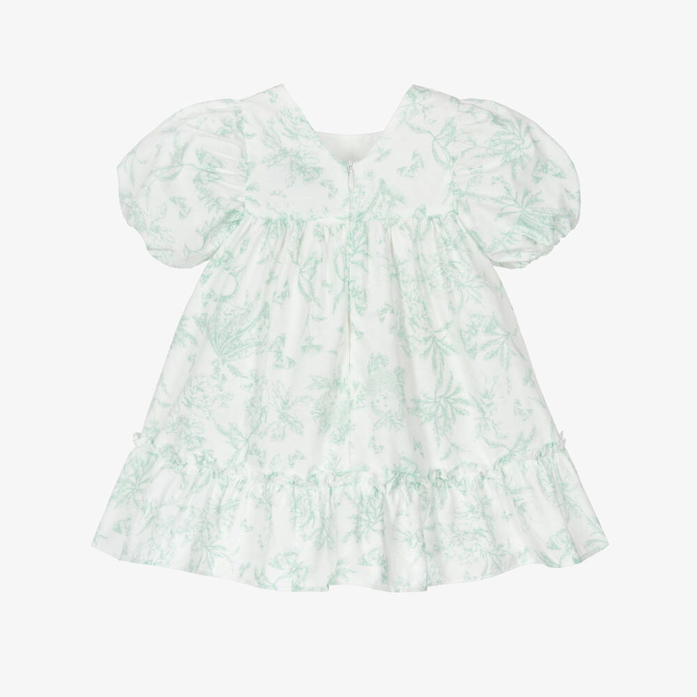 Tartine et Chocolat-Baby Girls White & Green Floral Puffed Sleeve Dress | Childrensalon