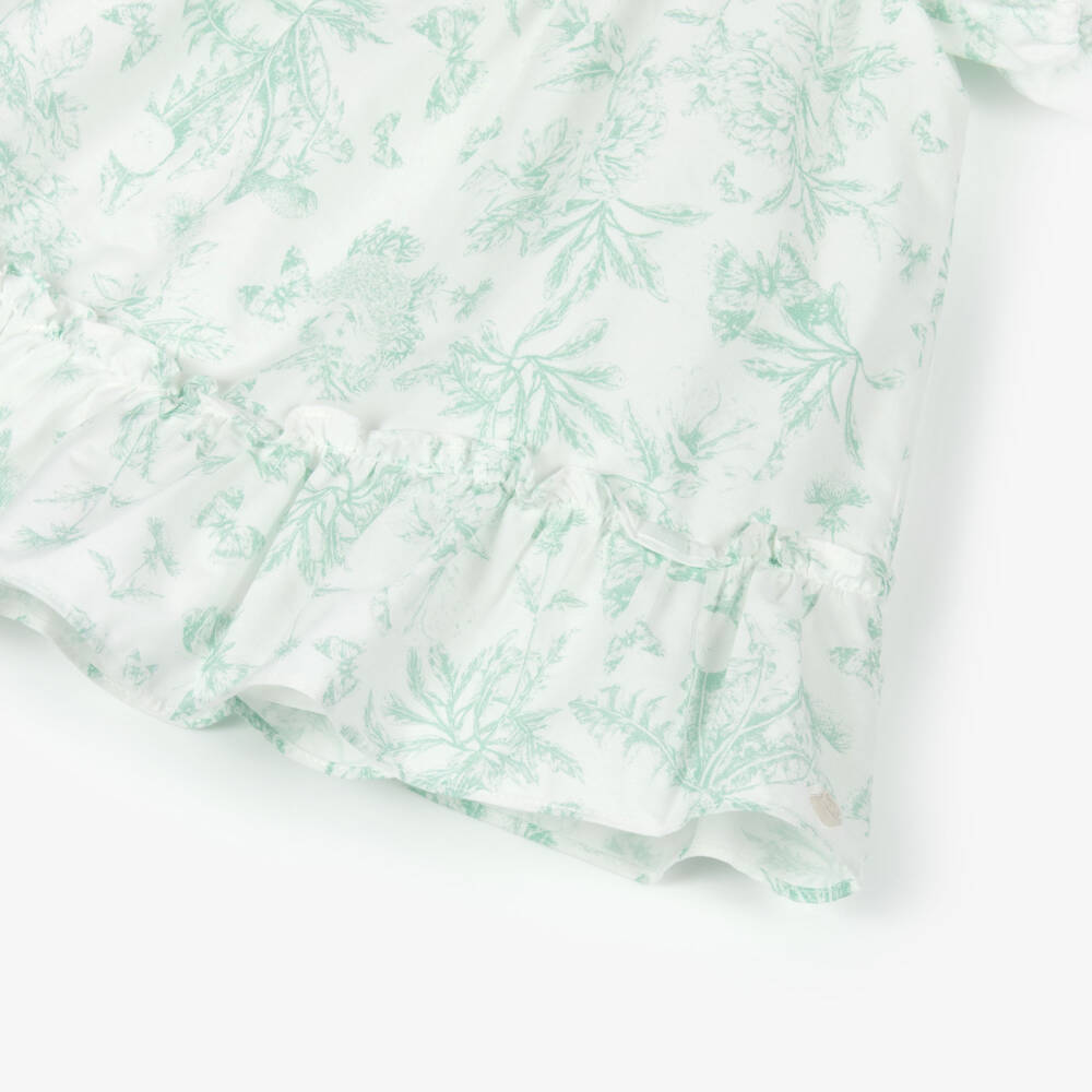 Tartine et Chocolat-Baby Girls White & Green Floral Puffed Sleeve Dress | Childrensalon