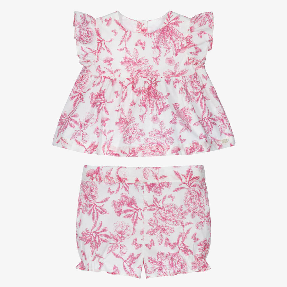 Tartine et Chocolat-Baby Girls White & Pink Toile De Jouy Shorts Set | Childrensalon
