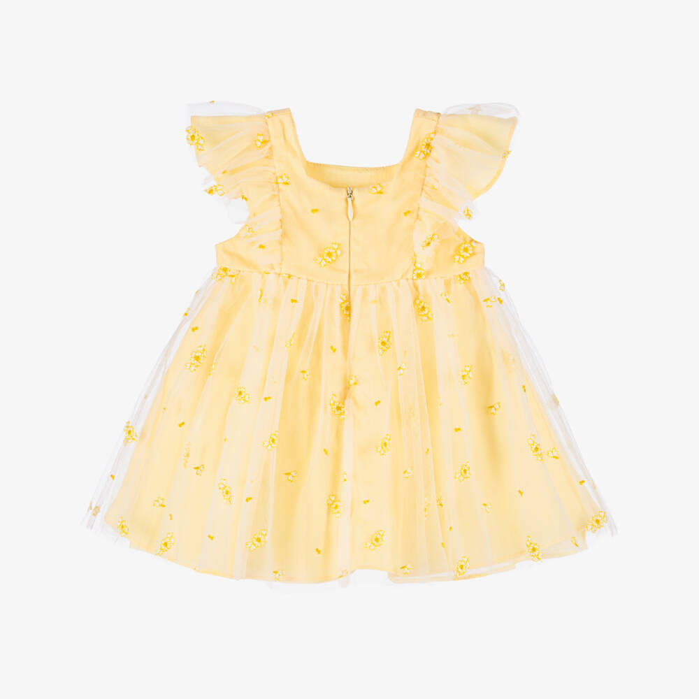 Tartine et Chocolat-Baby Girls Yellow Embroidered Tulle Dress | Childrensalon