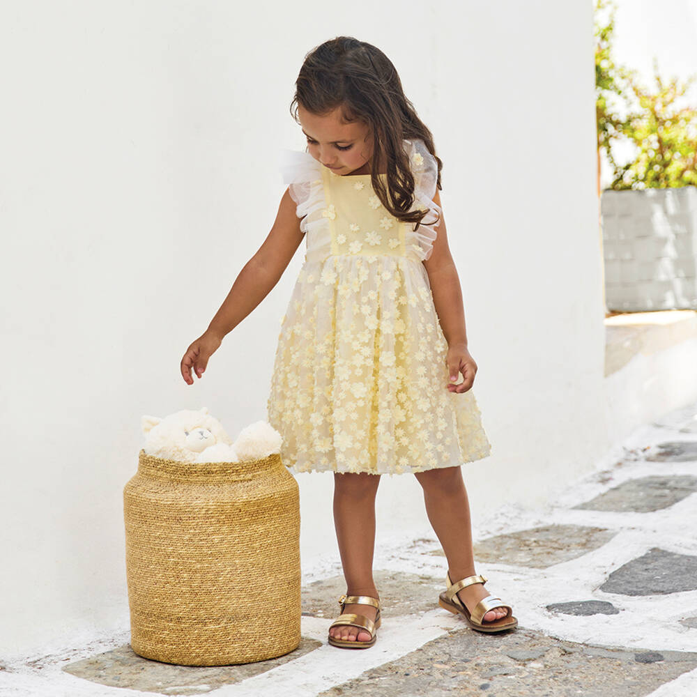 Tartine et Chocolat-Baby Girls Yellow Floral Tulle Dress with Ruffles | Childrensalon