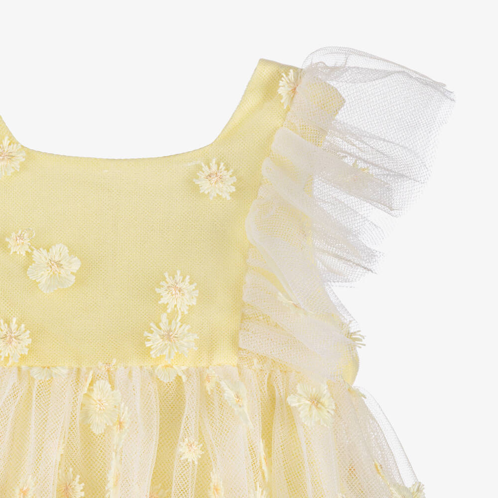 Tartine et Chocolat-Baby Girls Yellow Floral Tulle Dress with Ruffles | Childrensalon