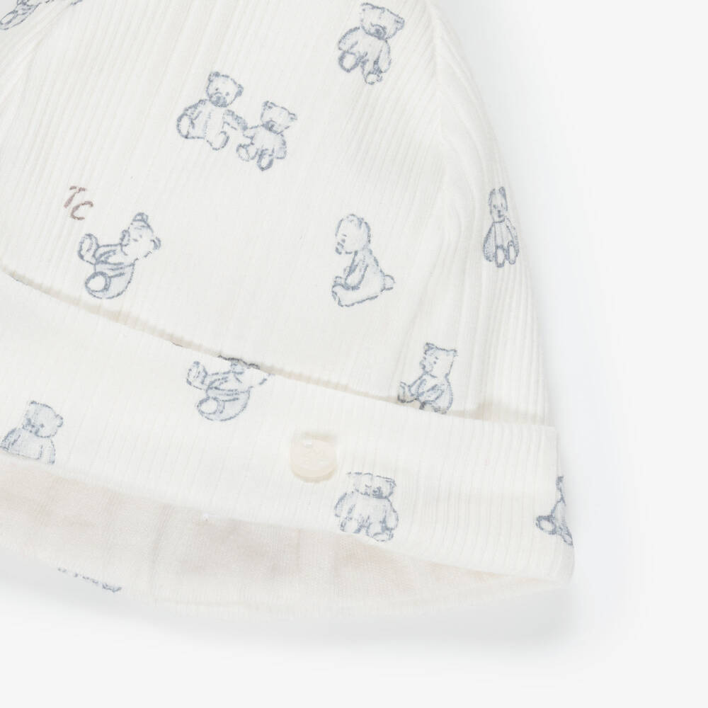 Tartine et Chocolat-Baby Ivory Cotton Hat with Bear Print | Childrensalon