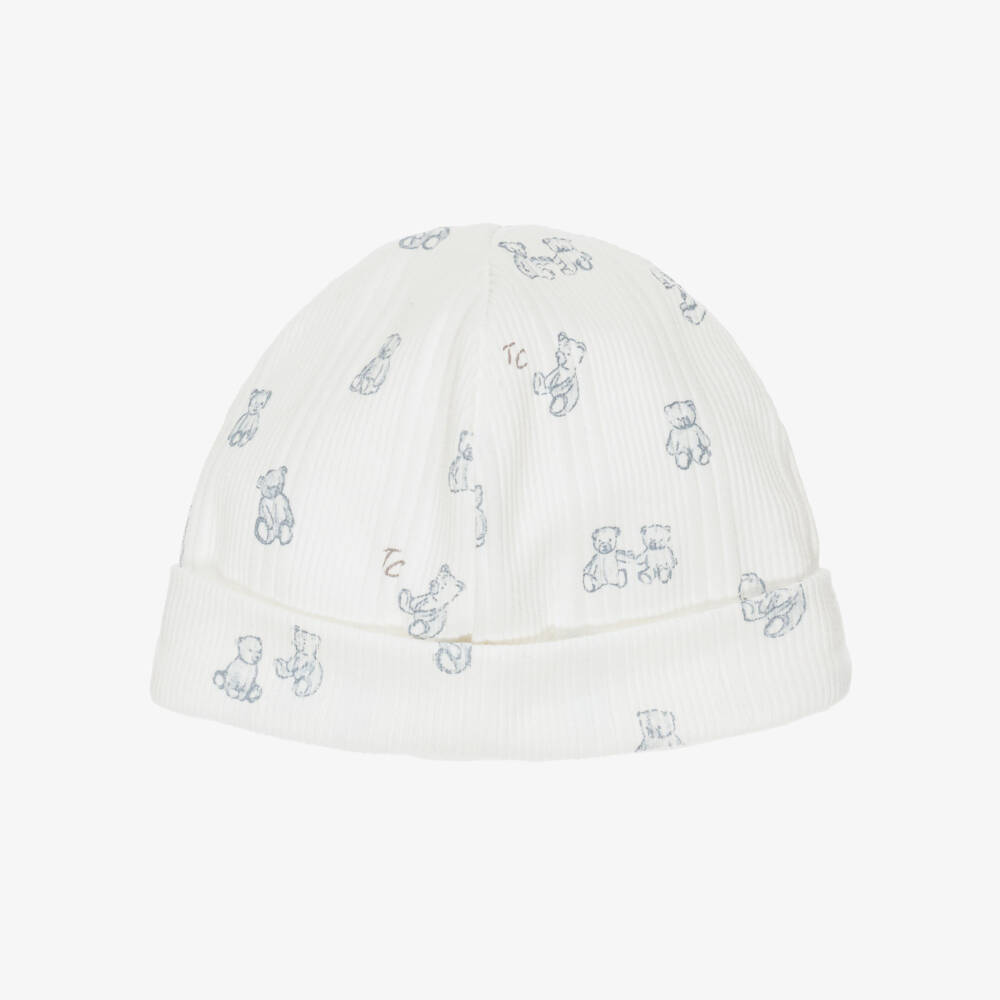 Tartine et Chocolat-Baby Ivory Cotton Hat with Bear Print | Childrensalon