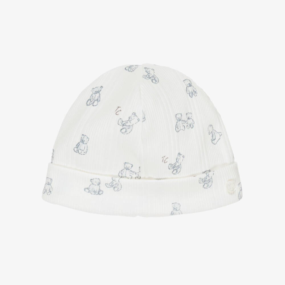 Tartine et Chocolat-Baby Ivory Cotton Hat with Bear Print | Childrensalon