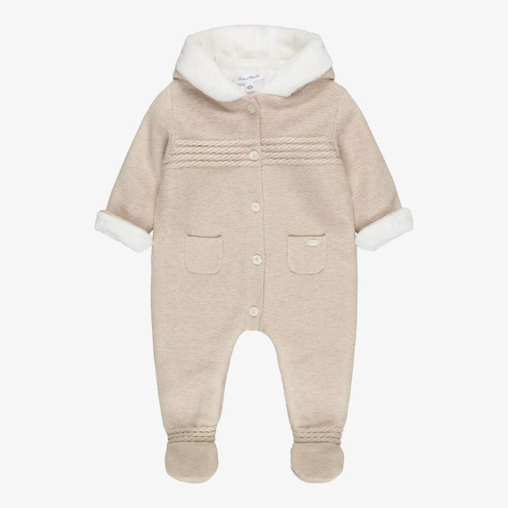 Tartine et Chocolat-Beige Cotton & Wool Knit Padded Pramsuit | Childrensalon