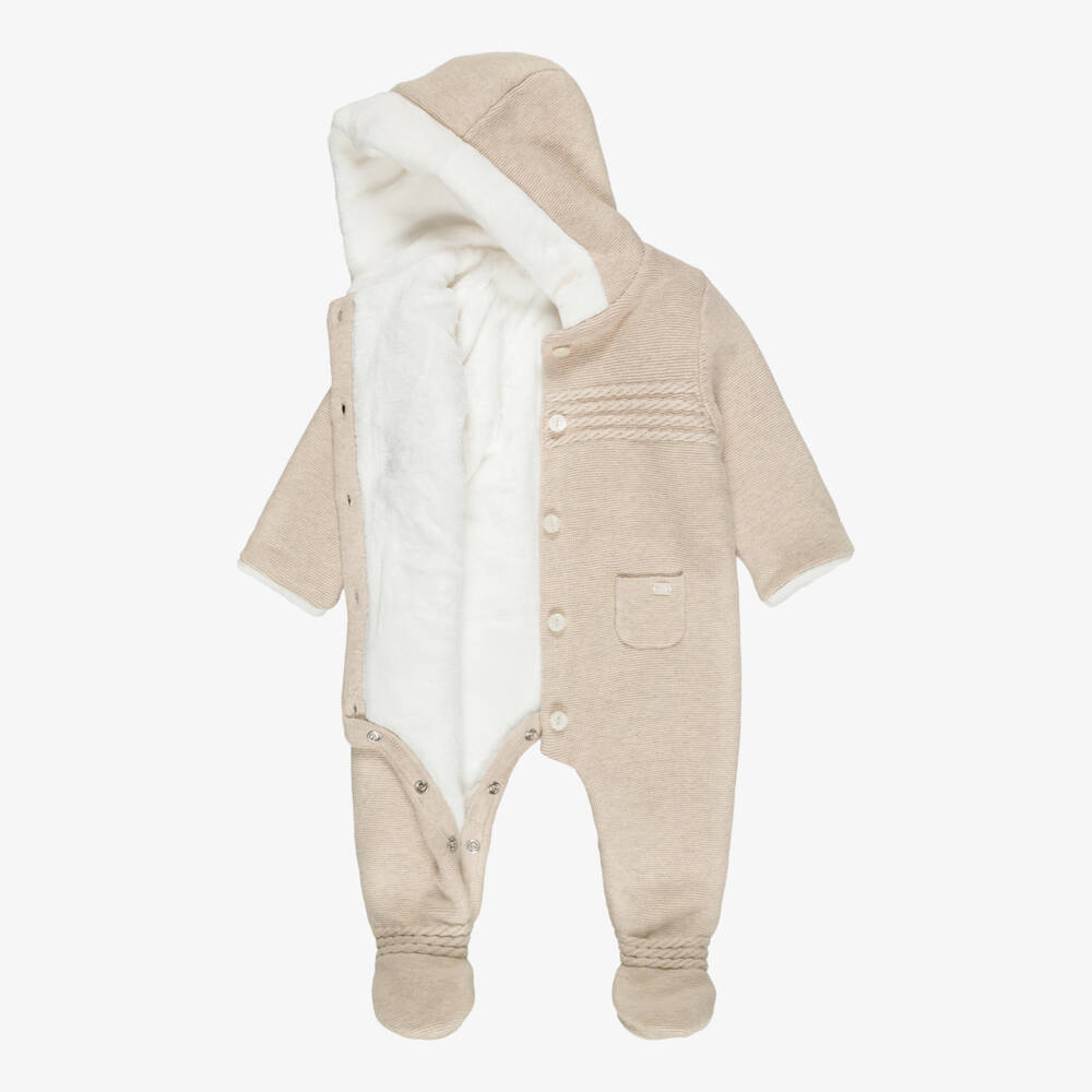 Tartine et Chocolat-Beige Cotton & Wool Knit Padded Pramsuit | Childrensalon