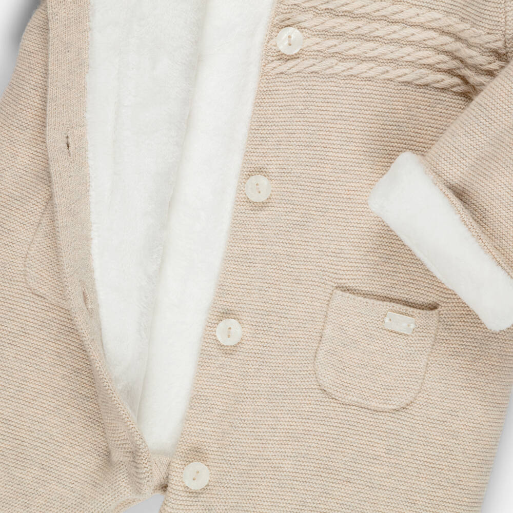 Tartine et Chocolat-Beige Cotton & Wool Knit Padded Pramsuit | Childrensalon