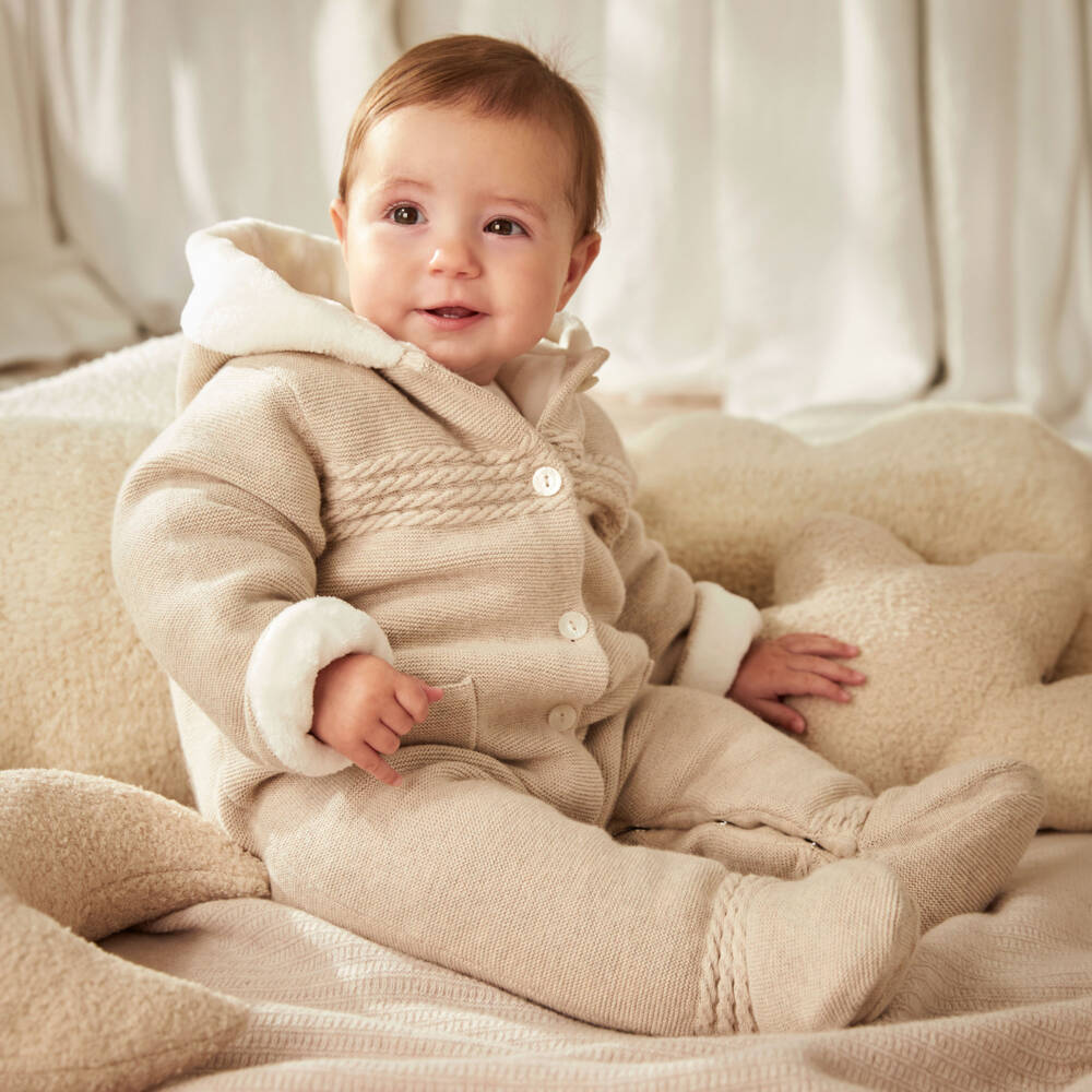 Tartine et Chocolat-Beige Cotton & Wool Knit Padded Pramsuit | Childrensalon