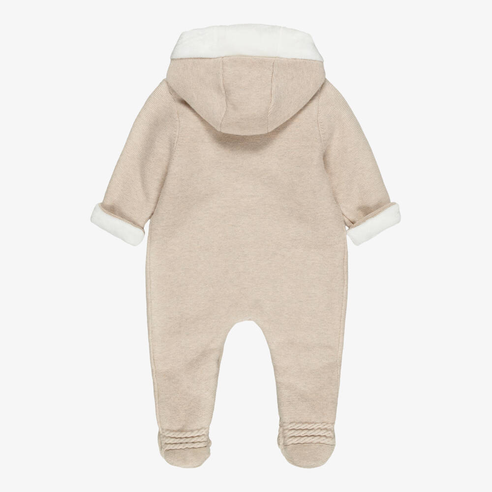 Tartine et Chocolat-Beige Cotton & Wool Knit Padded Pramsuit | Childrensalon