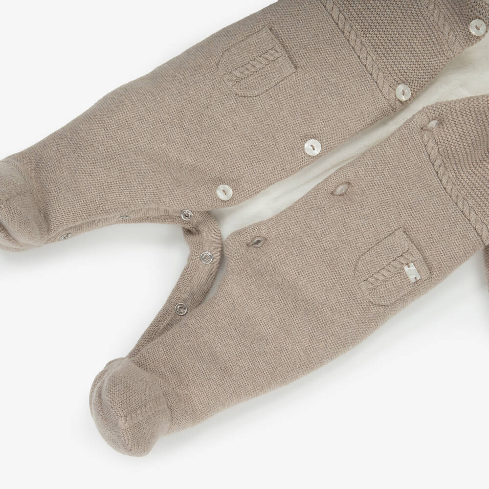 Tartine et Chocolat-Beige Knitted Cotton Pramsuit with Hood & Fux Fur Trims | Childrensalon