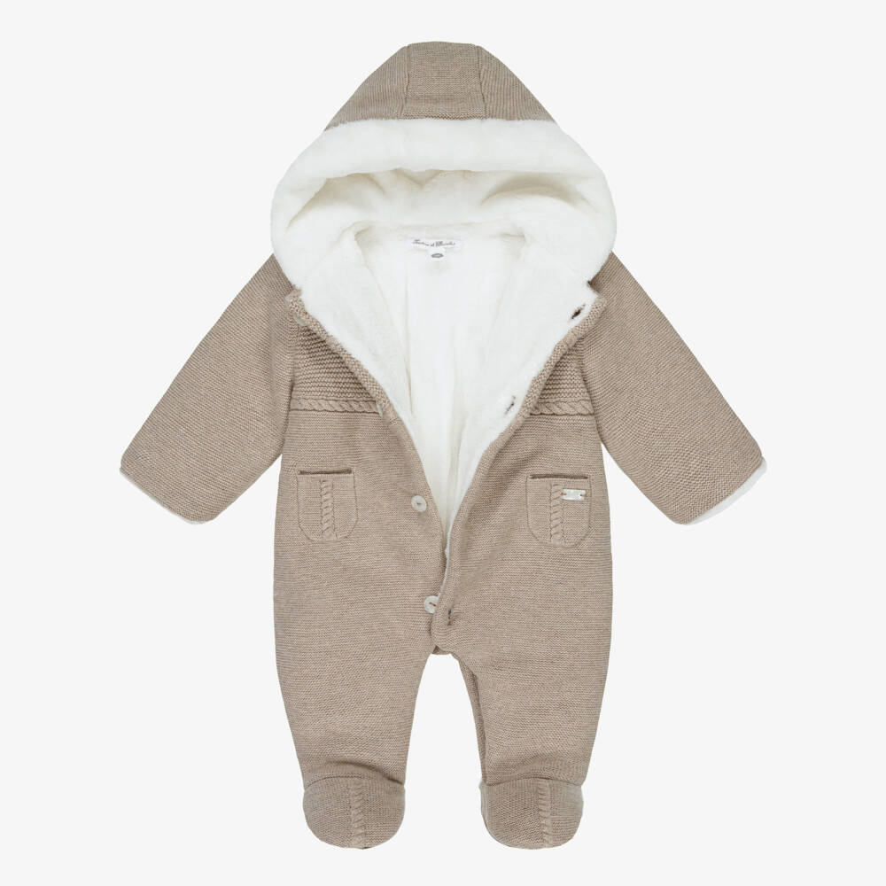 Tartine et Chocolat-Beige Knitted Cotton Pramsuit with Hood & Fux Fur Trims | Childrensalon