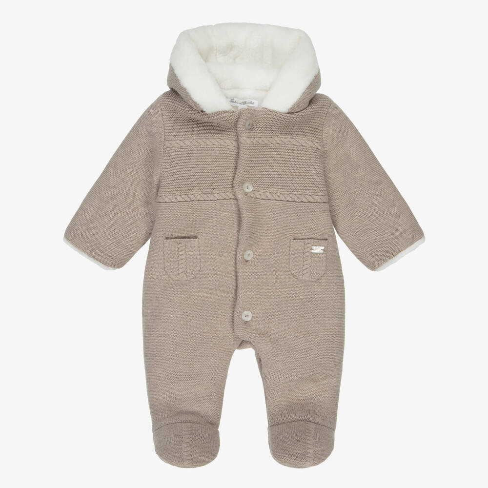 Tartine et Chocolat-Beige Knitted Cotton Pramsuit with Hood & Fux Fur Trims | Childrensalon
