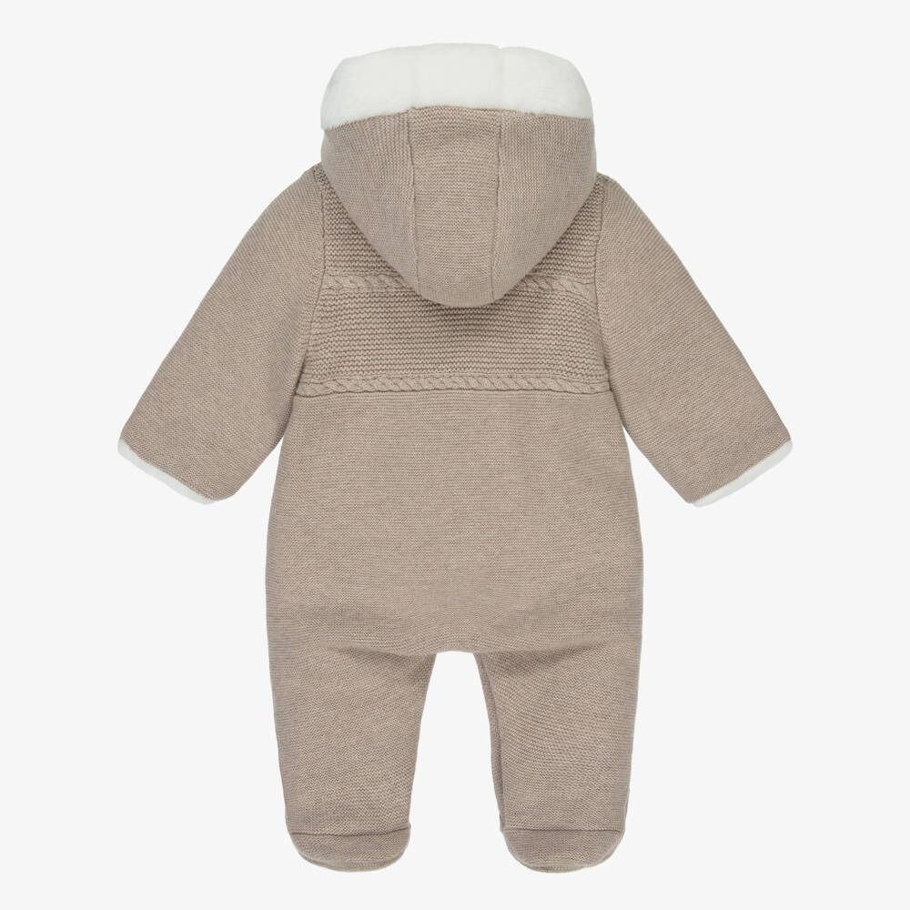 Tartine et Chocolat-Beige Knitted Cotton Pramsuit with Hood & Fux Fur Trims | Childrensalon