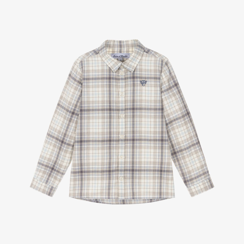 Tartine et Chocolat-Boys Beige Check Long Sleeve Cotton Shirt | Childrensalon