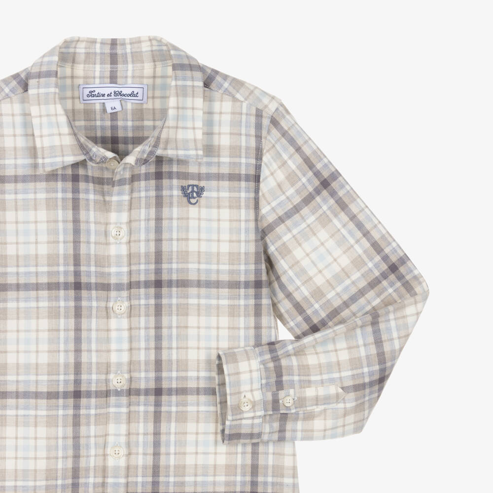 Tartine et Chocolat-Boys Beige Check Long Sleeve Cotton Shirt | Childrensalon