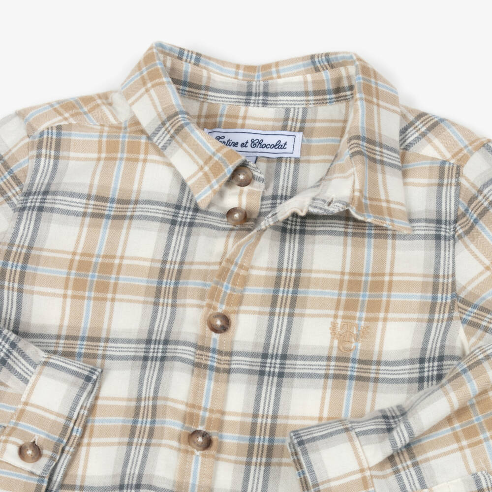 Tartine et Chocolat-Boys Beige Checked Cotton & Wool Shirt | Childrensalon
