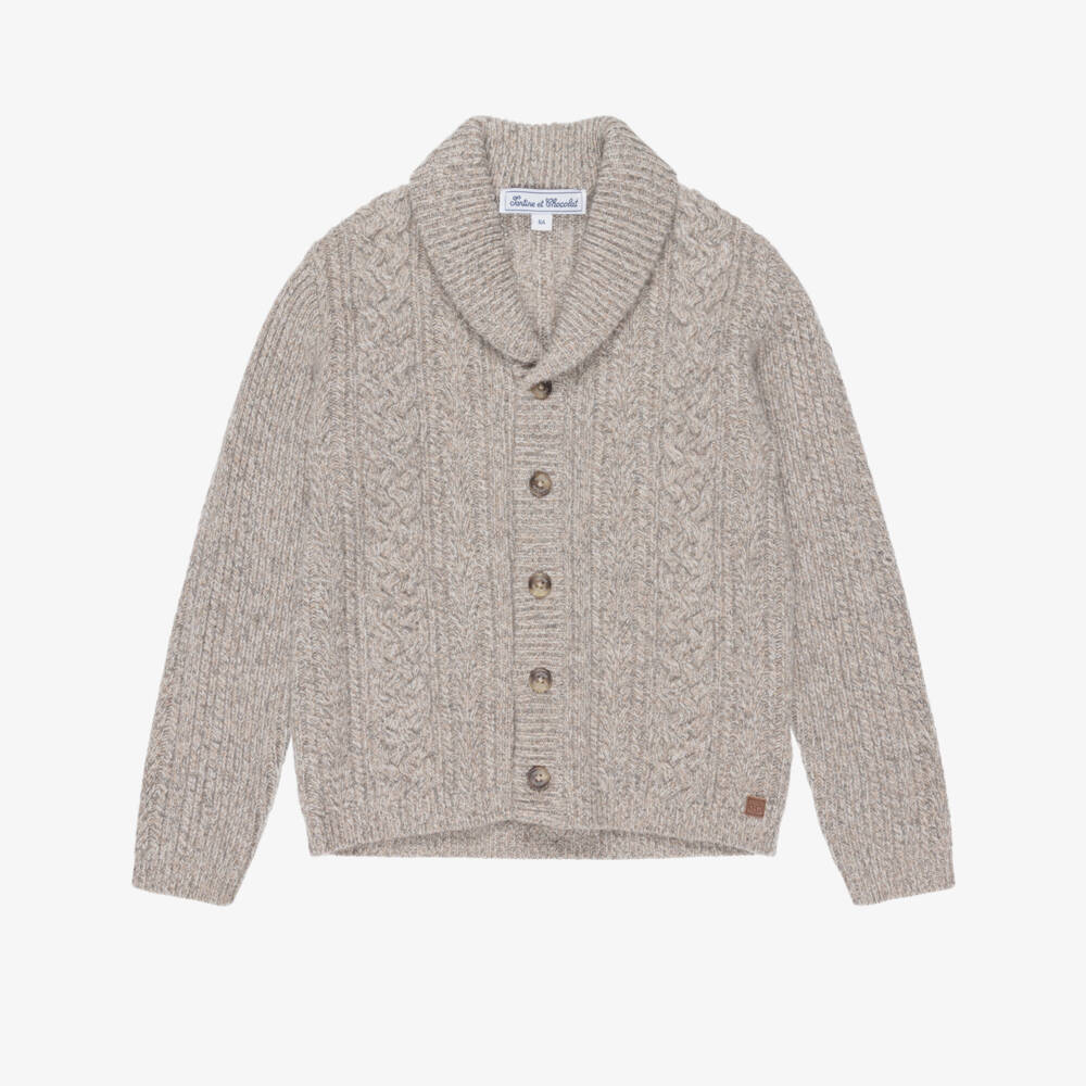 Tartine et Chocolat-Boys Beige Chunky Wool Knit Cardigan | Childrensalon