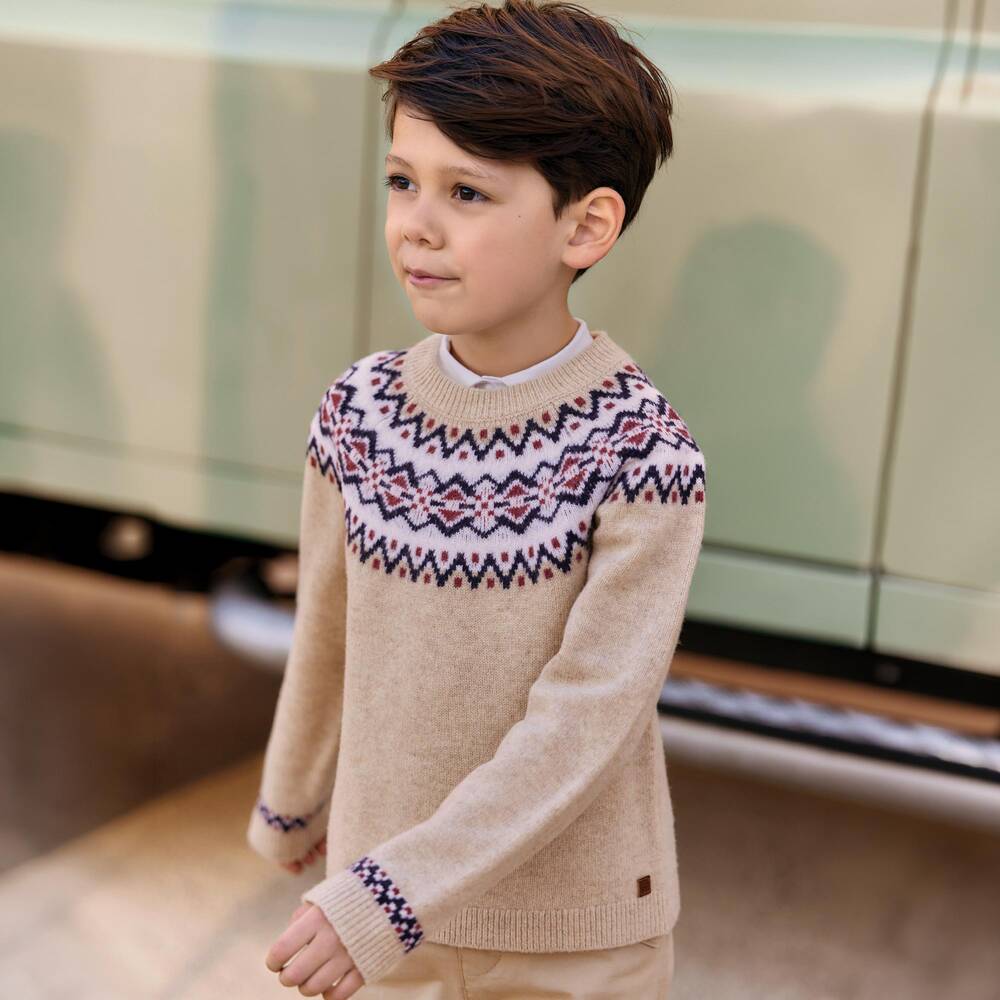 Tartine et Chocolat-Boys Beige Fair Isle Wool Sweater | Childrensalon