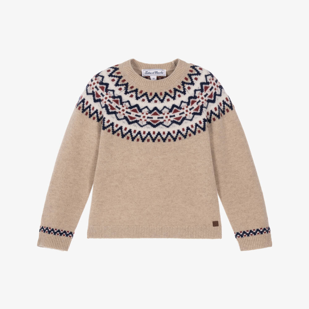 Tartine et Chocolat-Boys Beige Fair Isle Wool Sweater | Childrensalon