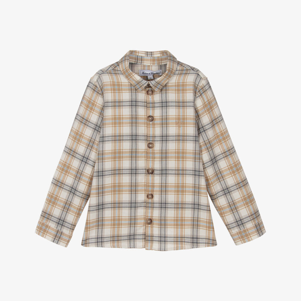 Tartine et Chocolat-Boys Beige Tartan Cotton Shirt with Embroidered Logo | Childrensalon