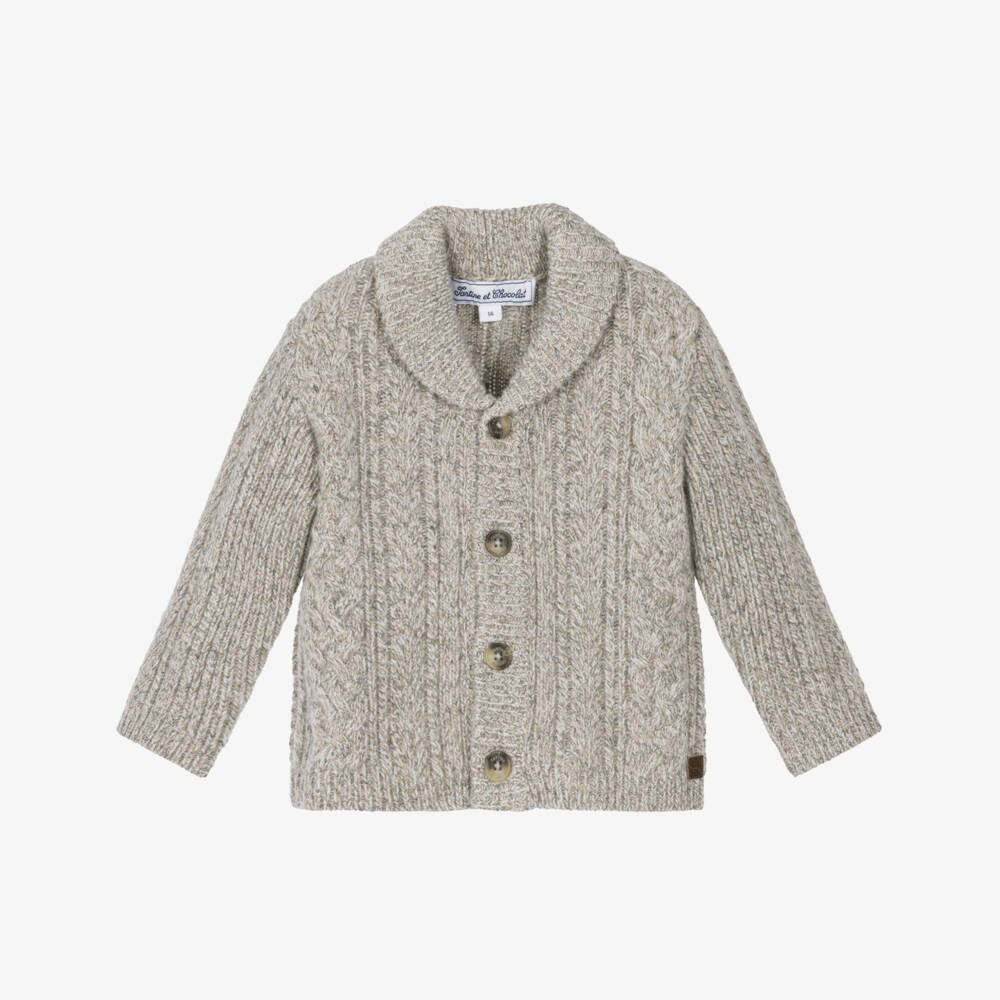 Tartine et Chocolat-Boys Beige Wool Knit Cardigan with Shawl Collar | Childrensalon
