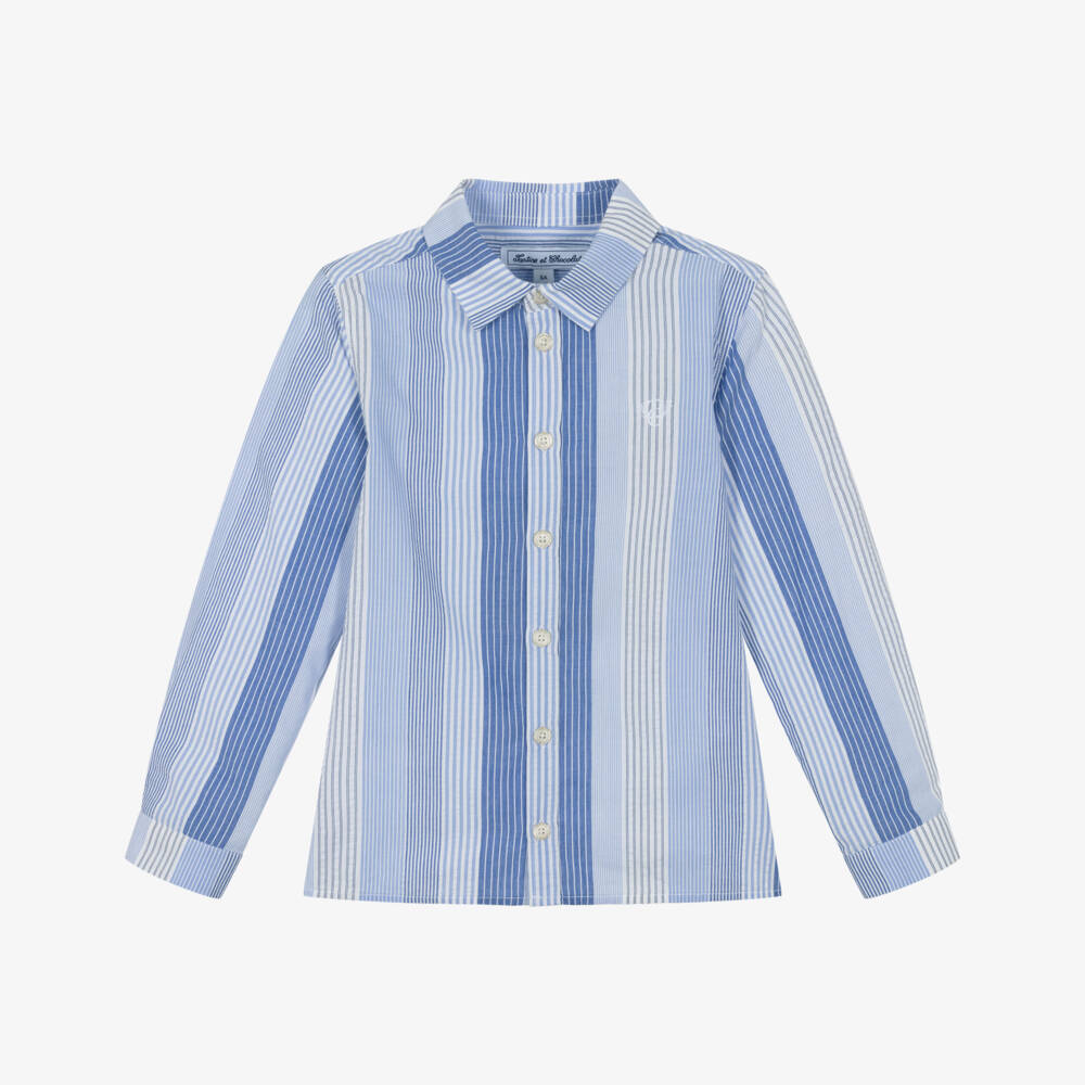 Tartine et Chocolat-Boys Blue Cotton Shirt with Stripes | Childrensalon