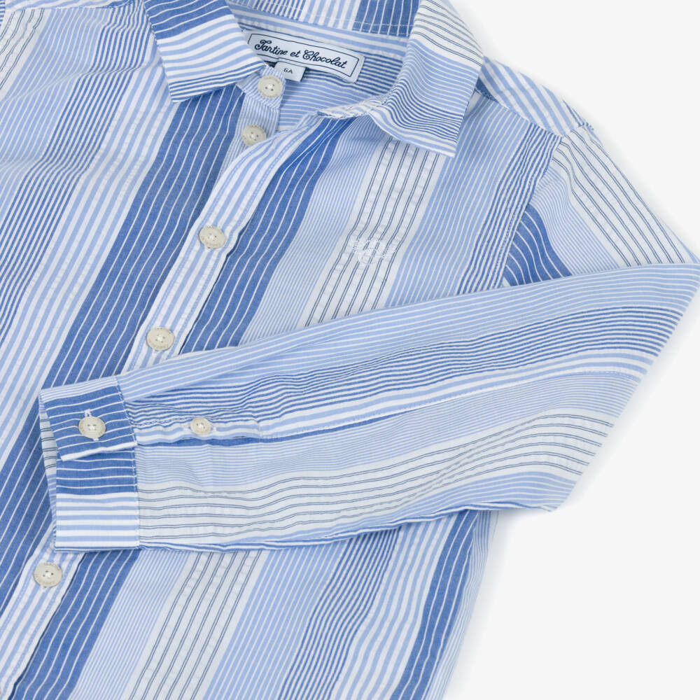 Tartine et Chocolat-Boys Blue Cotton Shirt with Stripes | Childrensalon