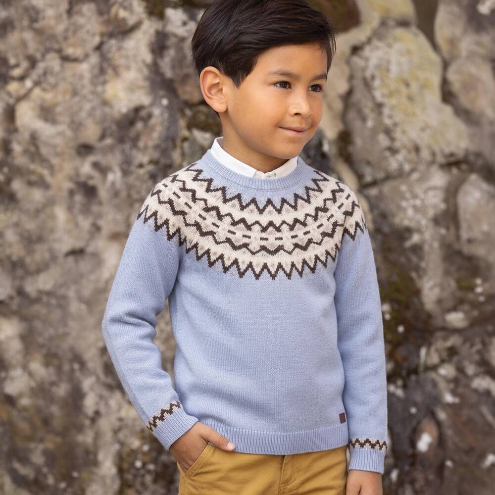 Tartine et Chocolat-Boys Blue Fair Isle Wool Sweater | Childrensalon