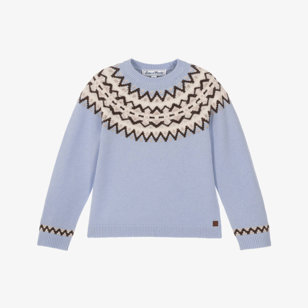 Tartine et Chocolat-Boys Blue Fair Isle Wool Sweater | Childrensalon