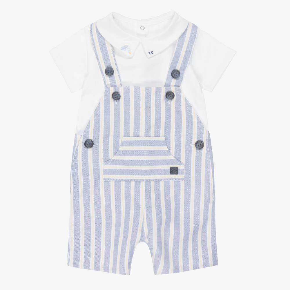 Tartine et Chocolat-Boys Blue Stripe Cotton Dungaree & White Bodysuit Set | Childrensalon