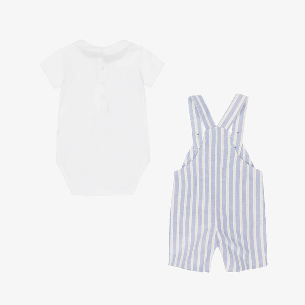 Tartine et Chocolat-Boys Blue Stripe Cotton Dungaree & White Bodysuit Set | Childrensalon