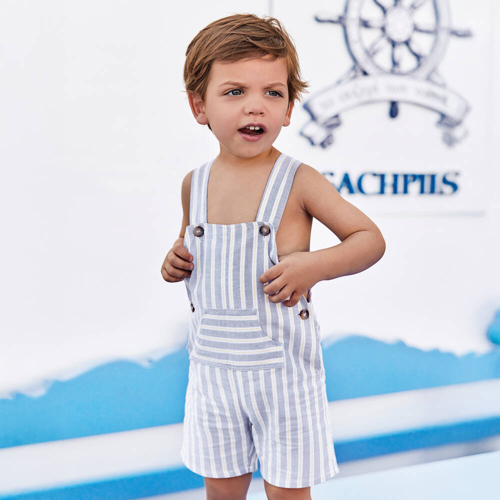 Tartine et Chocolat-Boys Blue Stripe Cotton Dungaree & White Bodysuit Set | Childrensalon