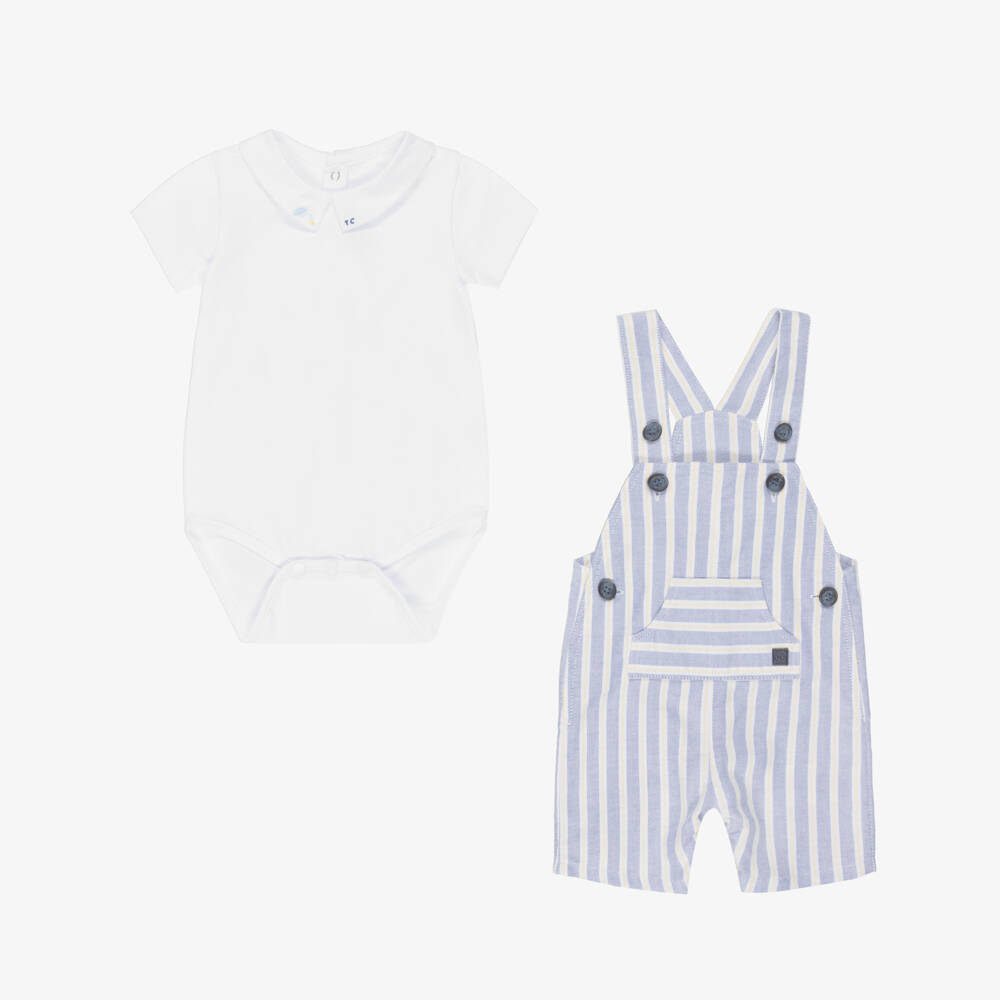Tartine et Chocolat-Boys Blue Stripe Cotton Dungaree & White Bodysuit Set | Childrensalon