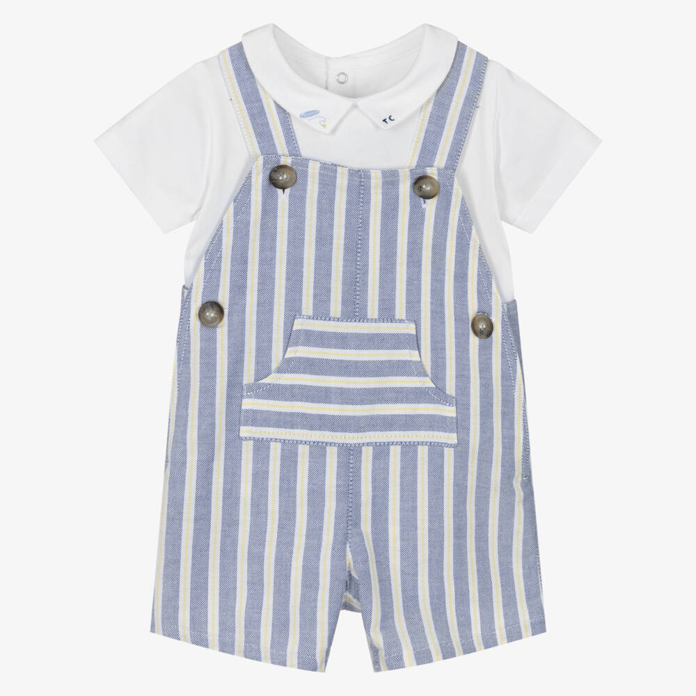 Tartine et Chocolat-Boys Blue Stripe Cotton Dungaree & White Bodysuit Set | Childrensalon