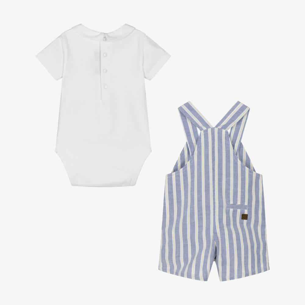 Tartine et Chocolat-Boys Blue Stripe Cotton Dungaree & White Bodysuit Set | Childrensalon