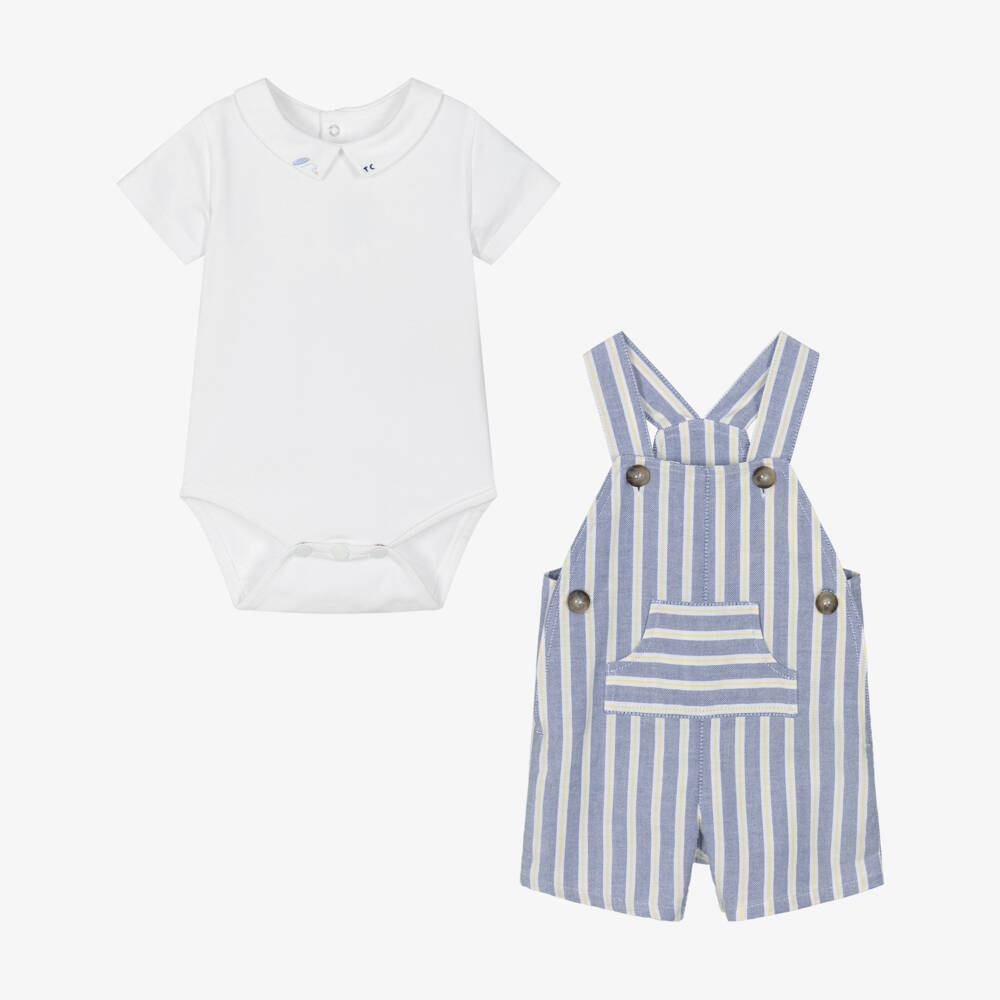 Tartine et Chocolat-Boys Blue Stripe Cotton Dungaree & White Jersey Bodysuit Set | Childrensalon