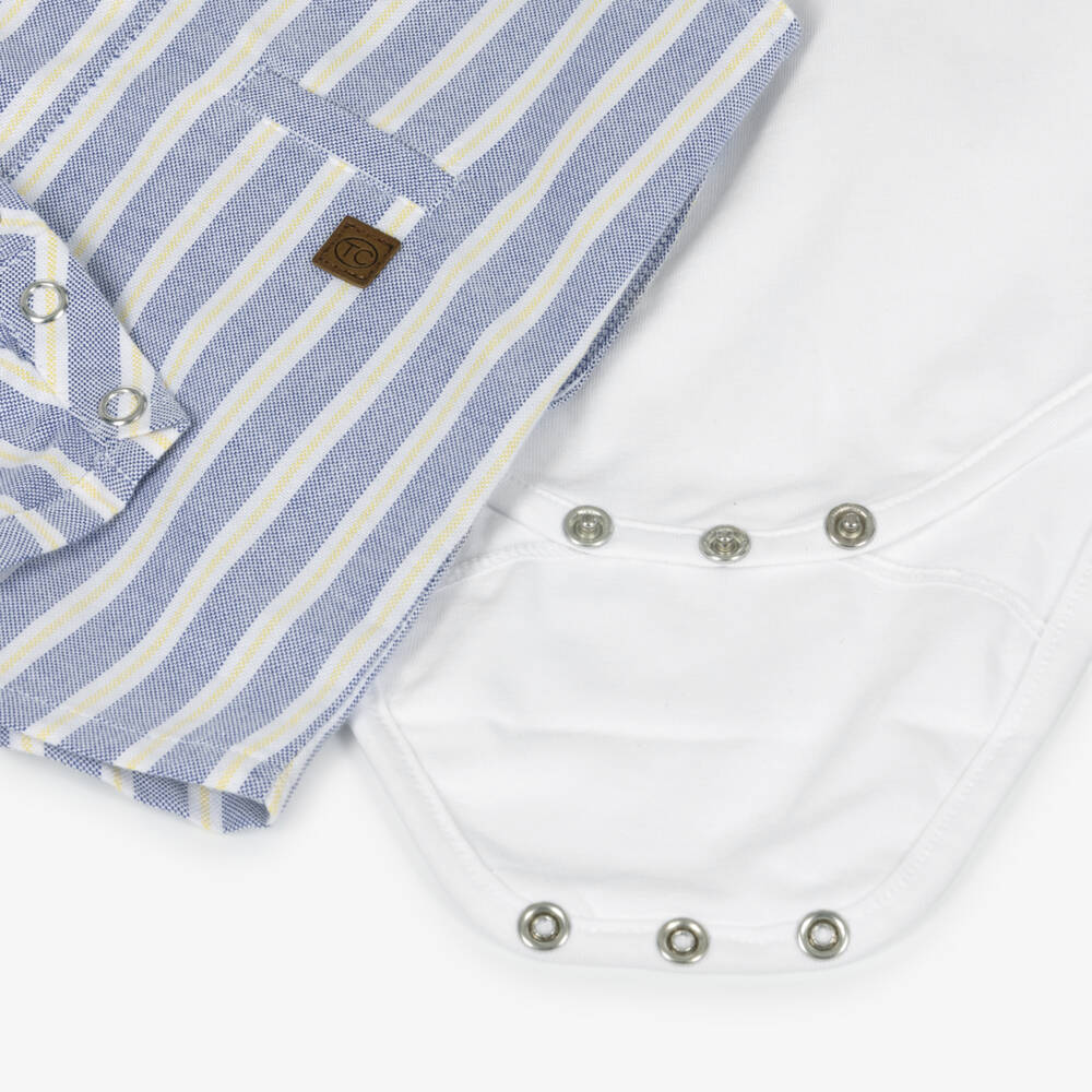 Tartine et Chocolat-Boys Blue Stripe Cotton Dungaree & White Jersey Bodysuit Set | Childrensalon